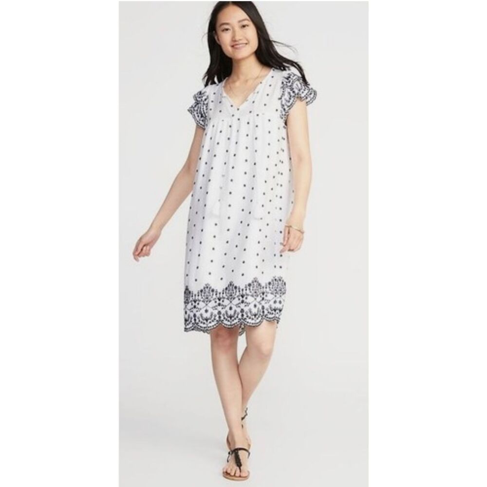 OLD NAVY Linen Blend White Blue Embroidery Flutter Sleeve Mini Dress Women Small